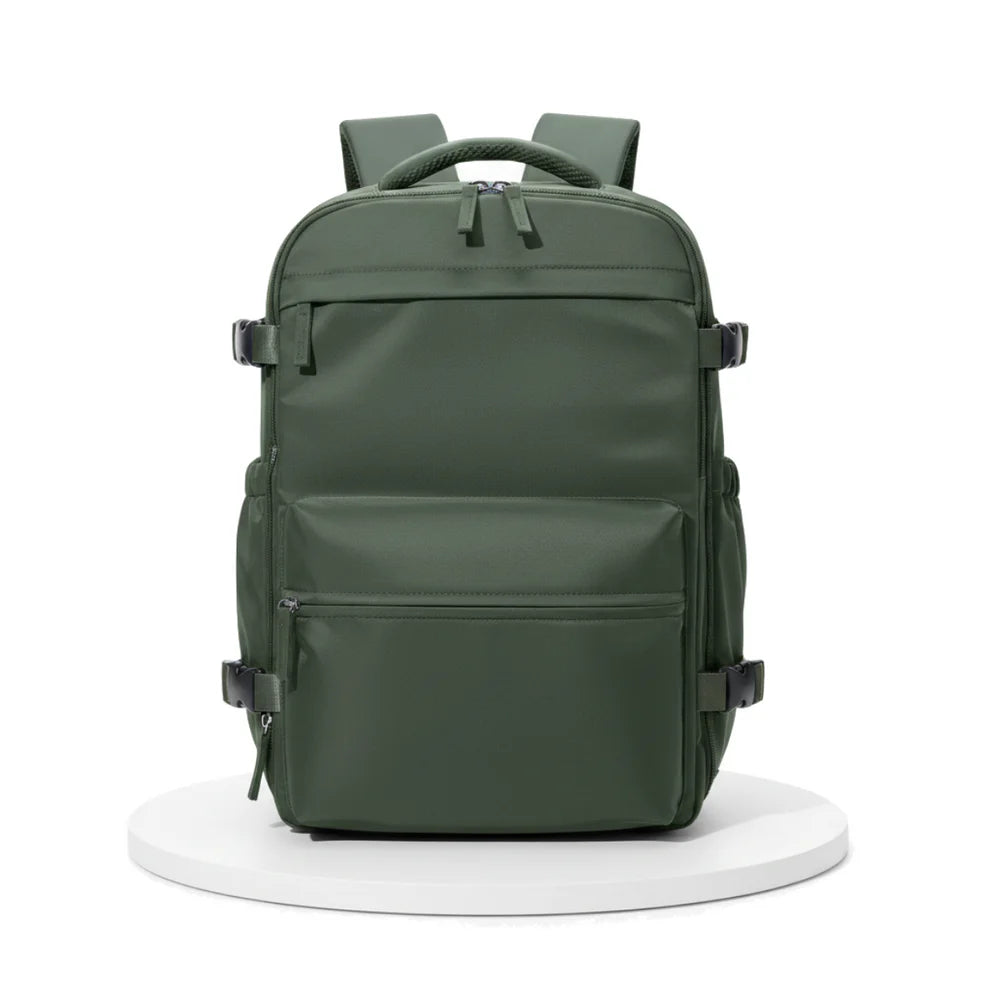VacVault compression backpack in Forest Green, high-capacity carry-on backpack